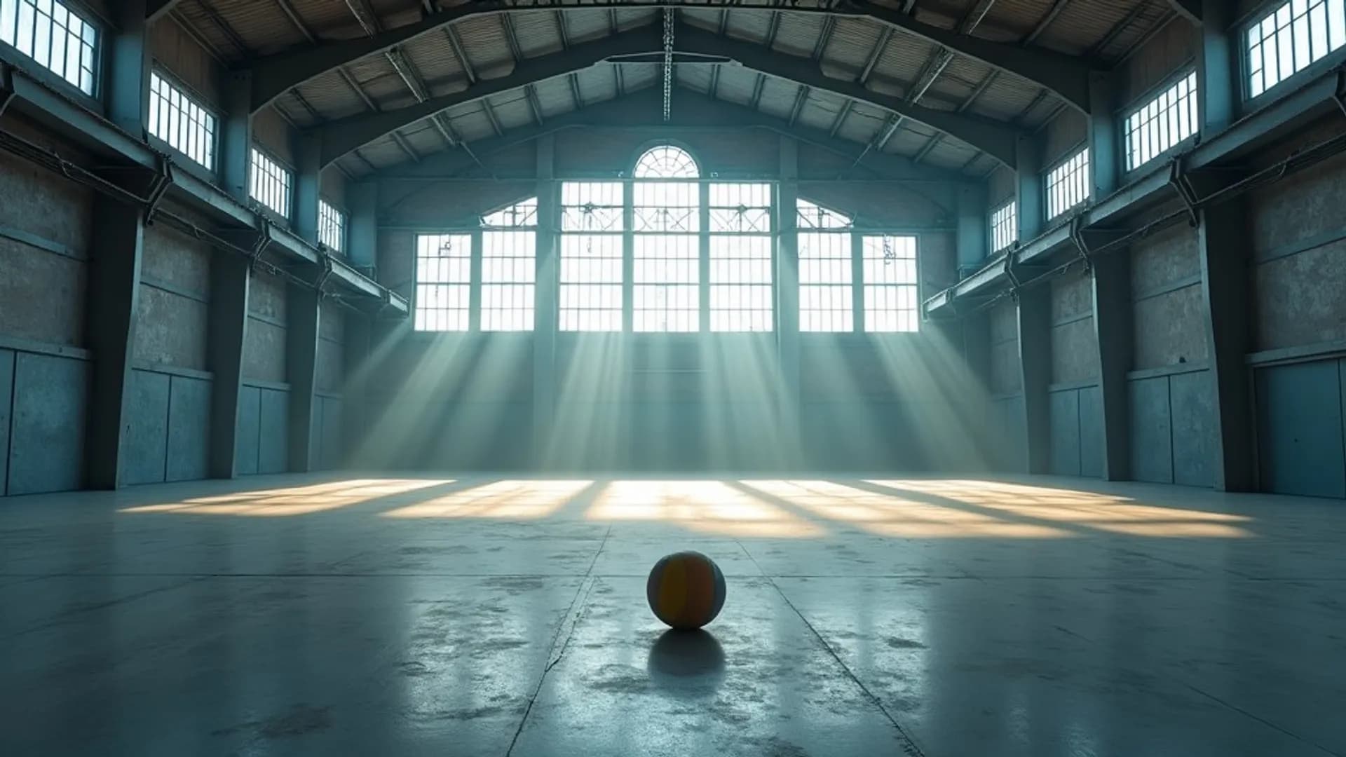 Leere Industriehalle mit Lichtbahnen aus dem Oberlicht und einem einzelnen Volleyball auf dem Betonboden